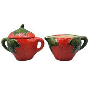 Strawberry Themed Ceramic Sugar & Creamer Pitcher Set With Lid 3" Handled